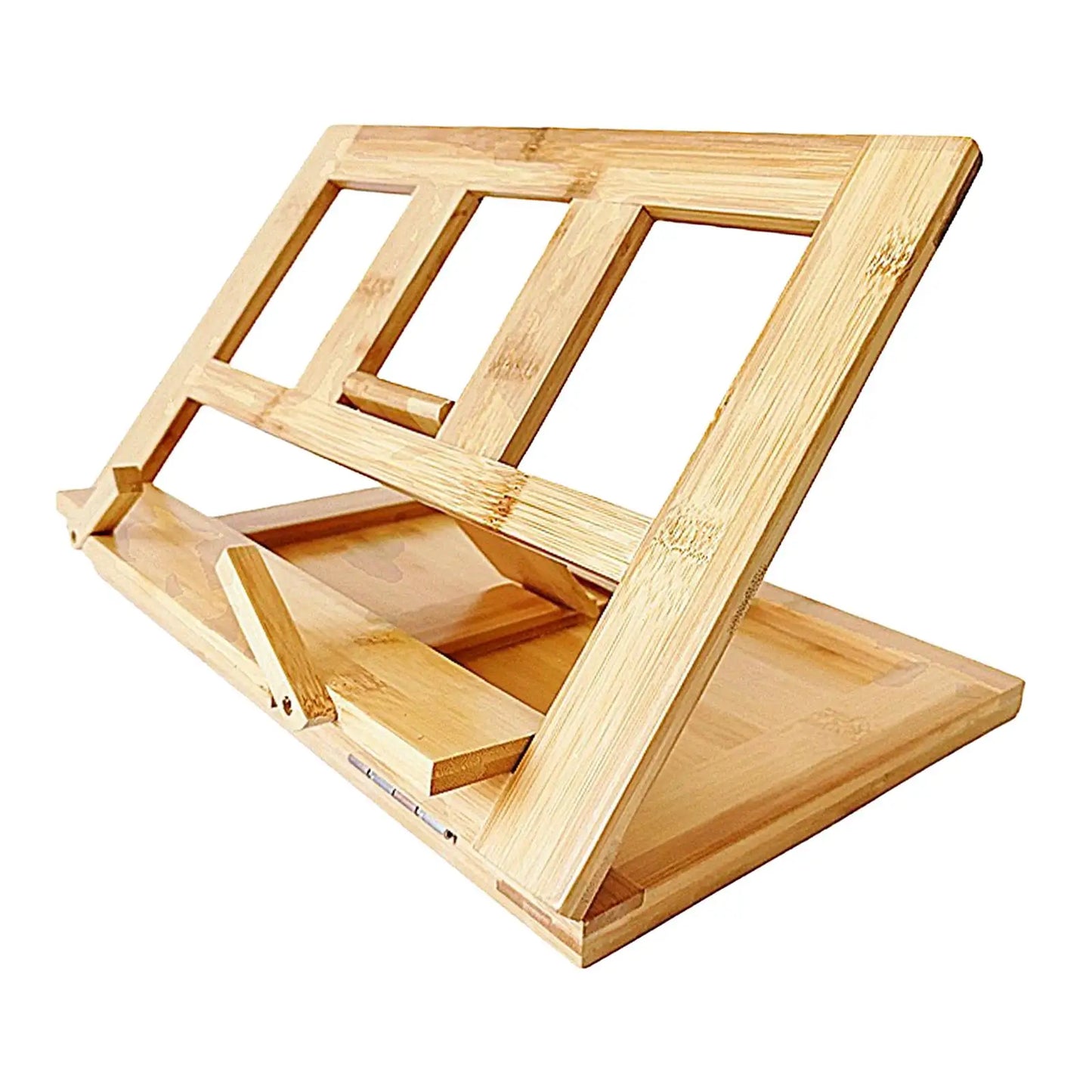 Light-colored bamboo keyboard music score stand with slanted adjustable design and three rectangular cutouts on back panel