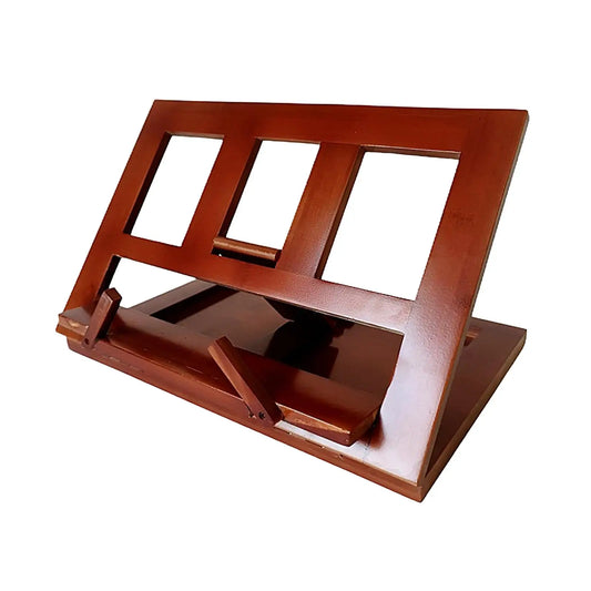 A polished mahogany wooden keyboard music stand with three rectangular cutouts on its back panel for music sheets