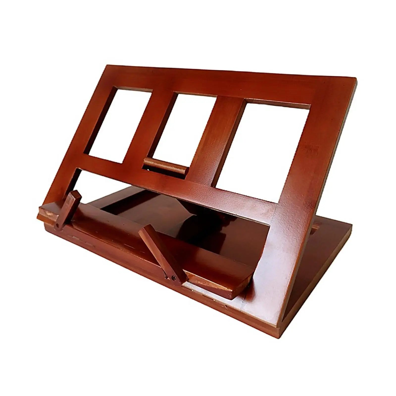 Brown bamboo keyboard music stand with slanted adjustable design and three rectangular cutouts for music sheets