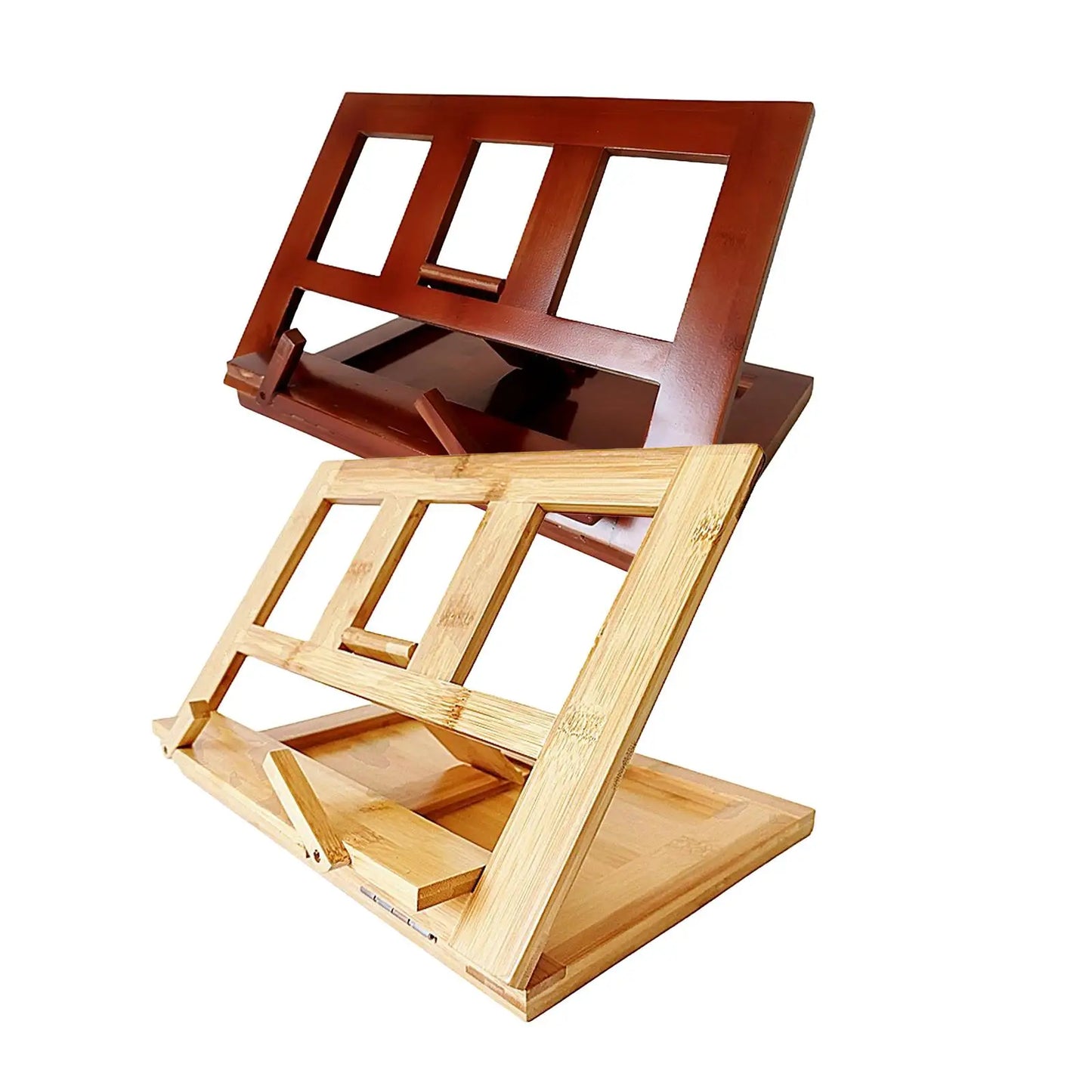 A sleek foldable wooden music score stand in rich brown natural bamboo for keyboard music sheet use