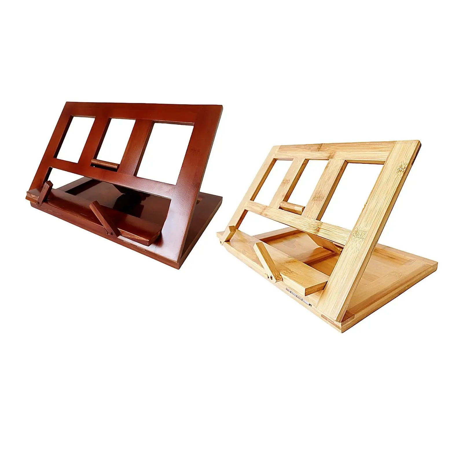 Two foldable bamboo keyboard music score stands in dark brown and natural wood finish for portable music sheet use