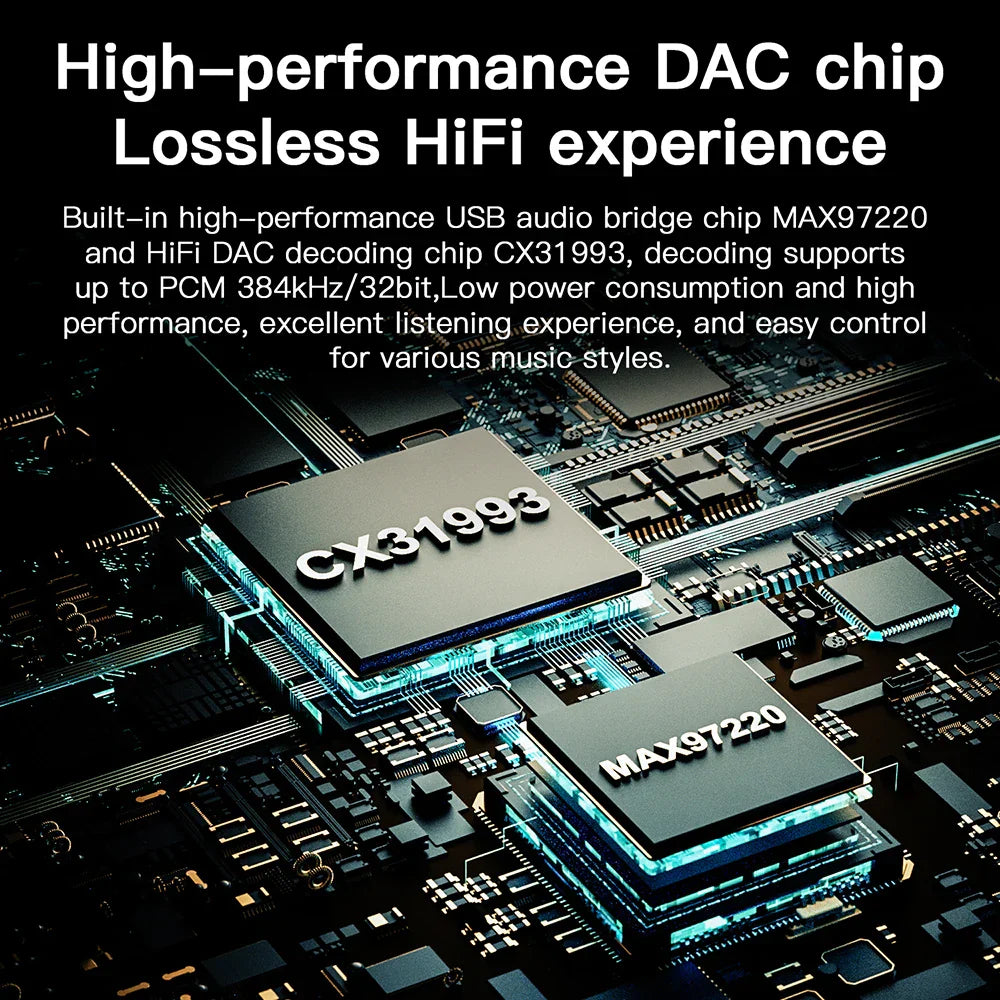 High-performance black adapter amp 32bit 384khz circuit board featuring dac cx31993 max97220 chips with blue led accents
