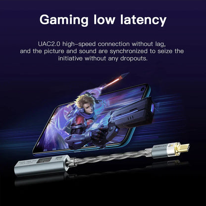 Silver and gold KEYSION usb-c to 3.5mm audio adapter amp 32bit 384khz with braided cable for low latency gaming