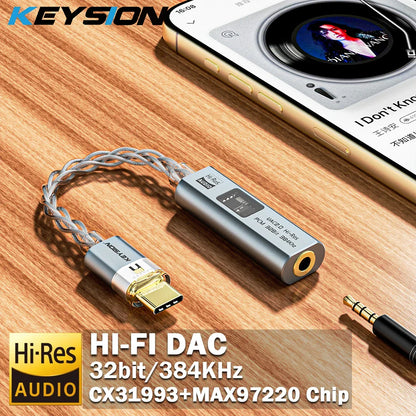 Silver Keysion hi-fi DAC CX31993 MAX97220 adapter amp 32bit 384khz with braided cable and gold-plated USB-C connector