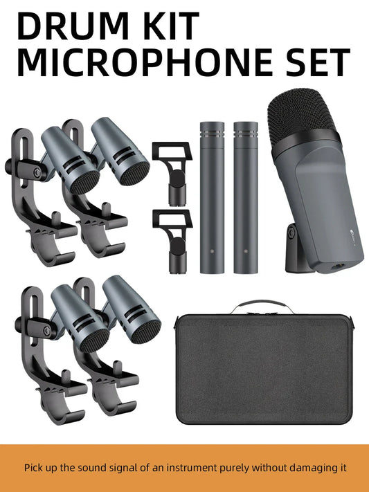 Black kick drum microphone set with metallic finish and sturdy clamps for bass snare drums and cymbals studio recording