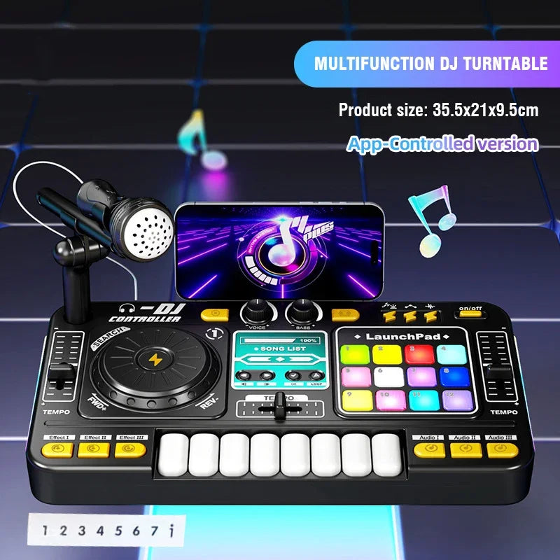 Black multifunction kid dj mixer with colorful illuminated pads and built-in microphone electronic piano for educational birthday gifts