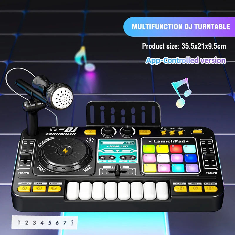 Black multifunction kid dj mixer controller toy with colorful illuminated buttons and built-in microphone electronic piano for educational birthday gifts