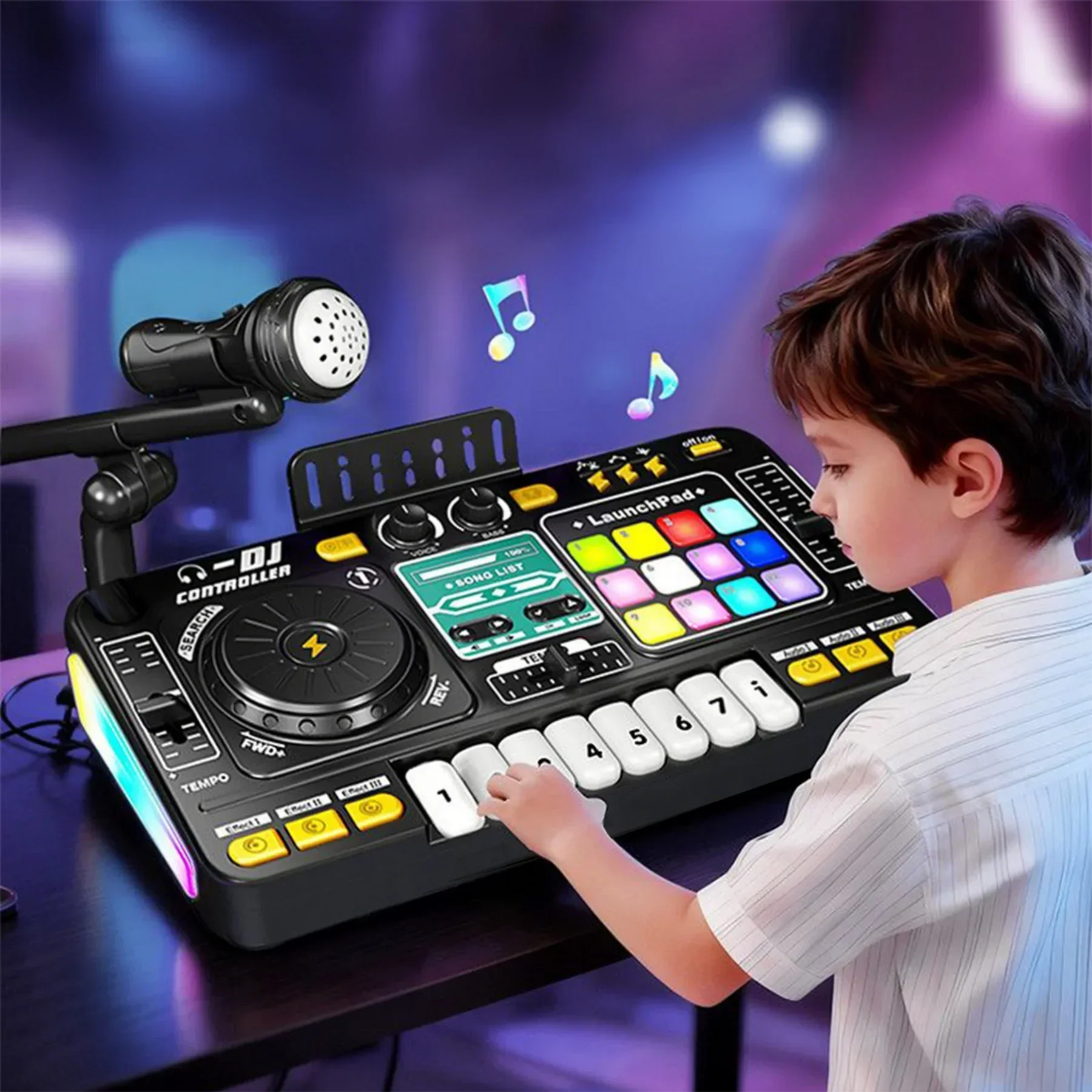 Black kid dj mixer toy with colorful illuminated buttons and microphone electronic piano for educational birthday gifts