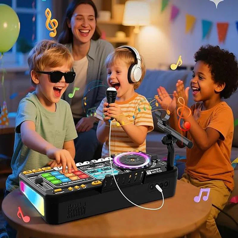 Black kid dj mixer toy with colorful illuminated buttons glowing purple turntable microphone electronic piano educational birthday gifts