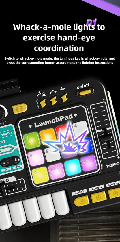 Black and yellow kid DJ mixer with colorful illuminated keys and launchpad microphone electronic piano for educational birthday gifts