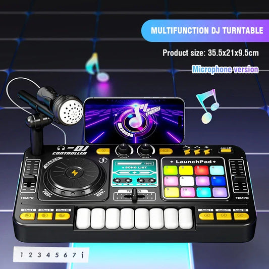 Black multifunction kid dj mixer with colorful illuminated pads and built-in microphone electronic piano for educational birthday gifts
