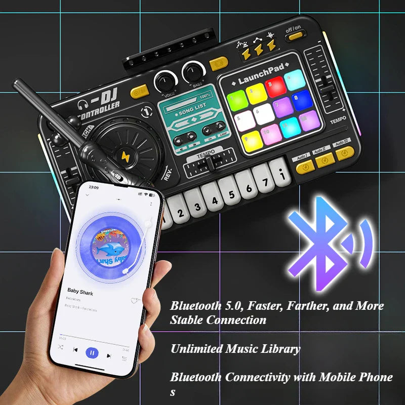 Black kid dj mixer with colorful illuminated pads, built-in microphone, bluetooth dj turntable, and electronic piano keyboard