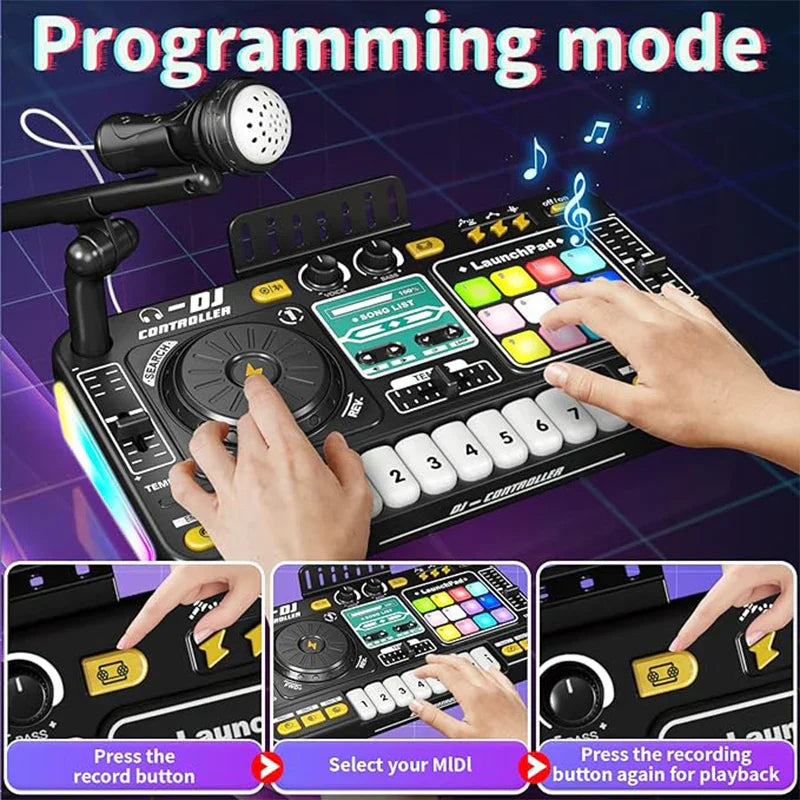Black and colorful kid dj mixer with illuminated buttons, microphone, numeric keypad, and bluetooth dj turntable console