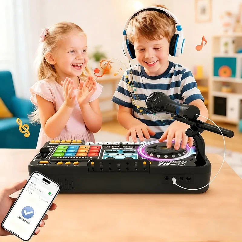 Black kid dj mixer with glowing purple bluetooth dj turntable, rainbow buttons, and adjustable microphone stand for kids