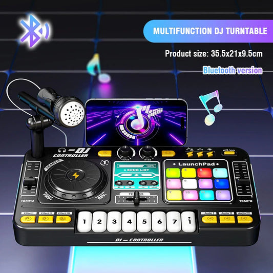 Black multifunction kid dj mixer with colorful illuminated buttons built-in microphone and piano keyboard bluetooth features