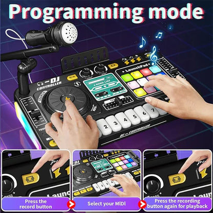 Black and colorful kid dj mixer with microphone illuminated buttons and numeric keypad piano keyboard bluetooth instrument kid birthday gift