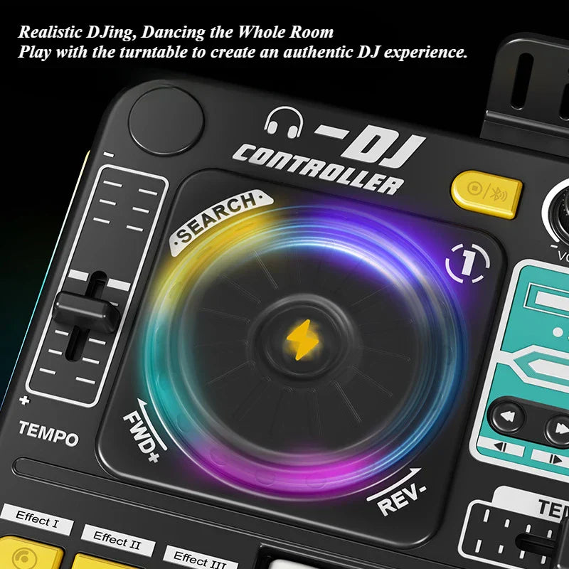 Black plastic kid dj mixer with glowing rainbow turntable and yellow buttons piano keyboard bluetooth instrument kid birthday gift