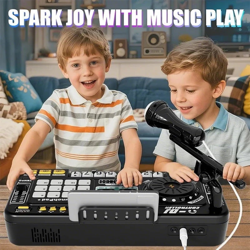 Black plastic kid dj mixer with built-in microphone and piano keyboard bluetooth for instrument kid birthday play
