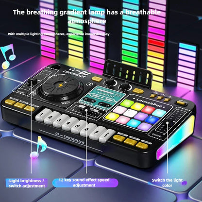 Black and yellow kid dj mixer with colorful illuminated pads knobs and piano keyboard bluetooth turntable controller musical instrument