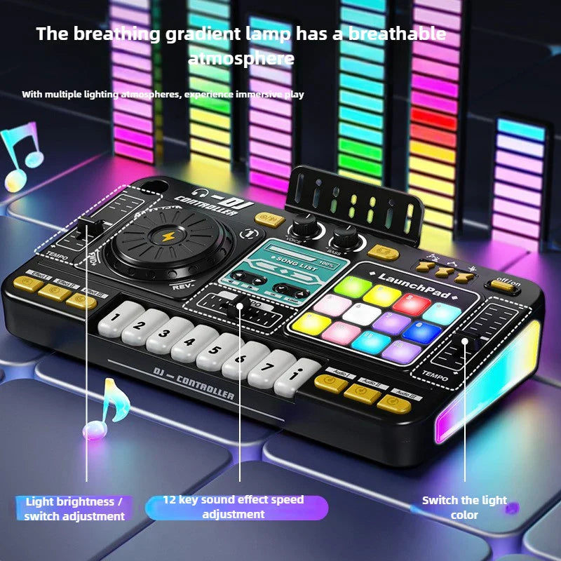 Black and yellow kid dj mixer with colorful illuminated pads knobs and buttons piano keyboard bluetooth instrument kid birthday gift