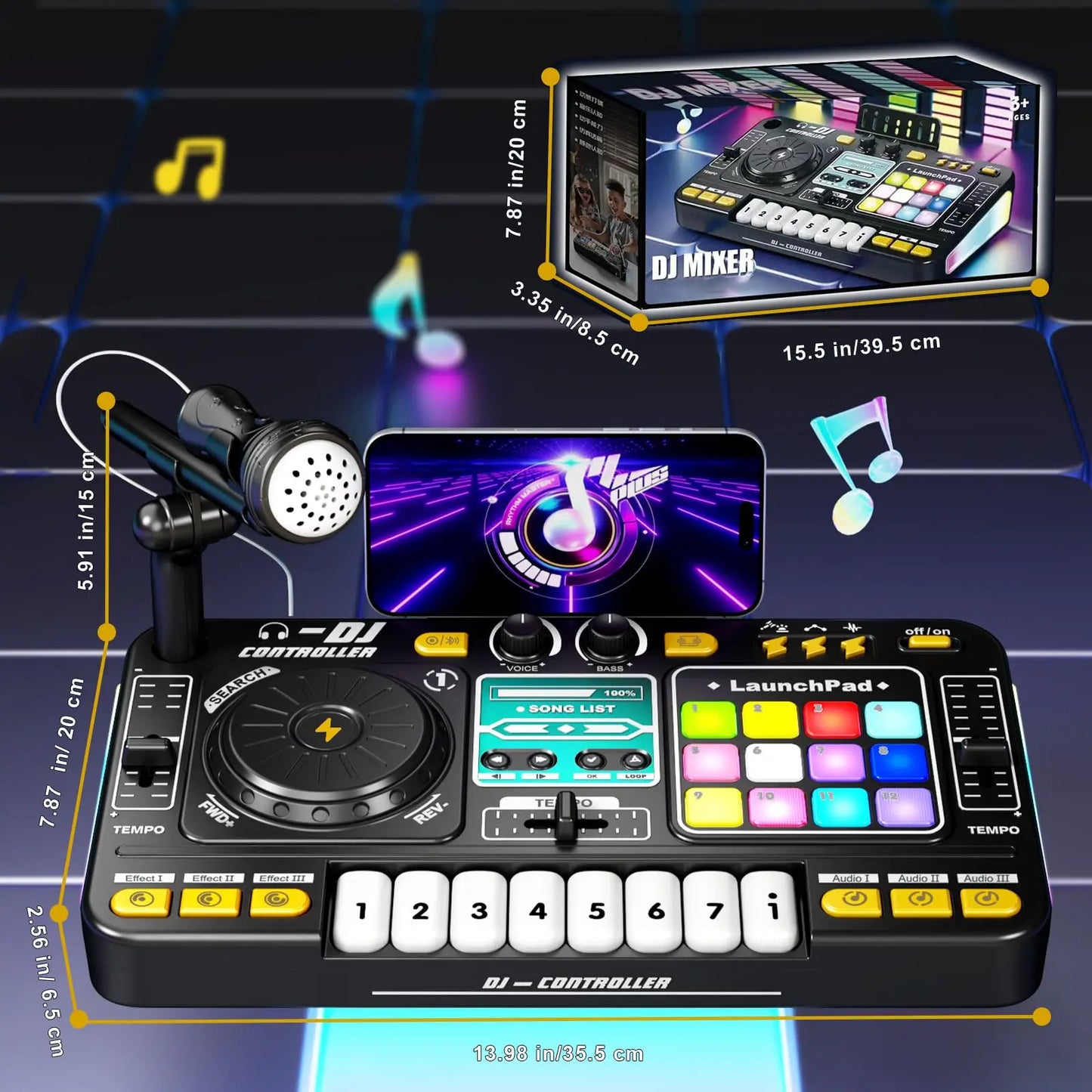 Black and yellow kid dj mixer with colorful illuminated buttons turntable controller musical for kids birthday gift