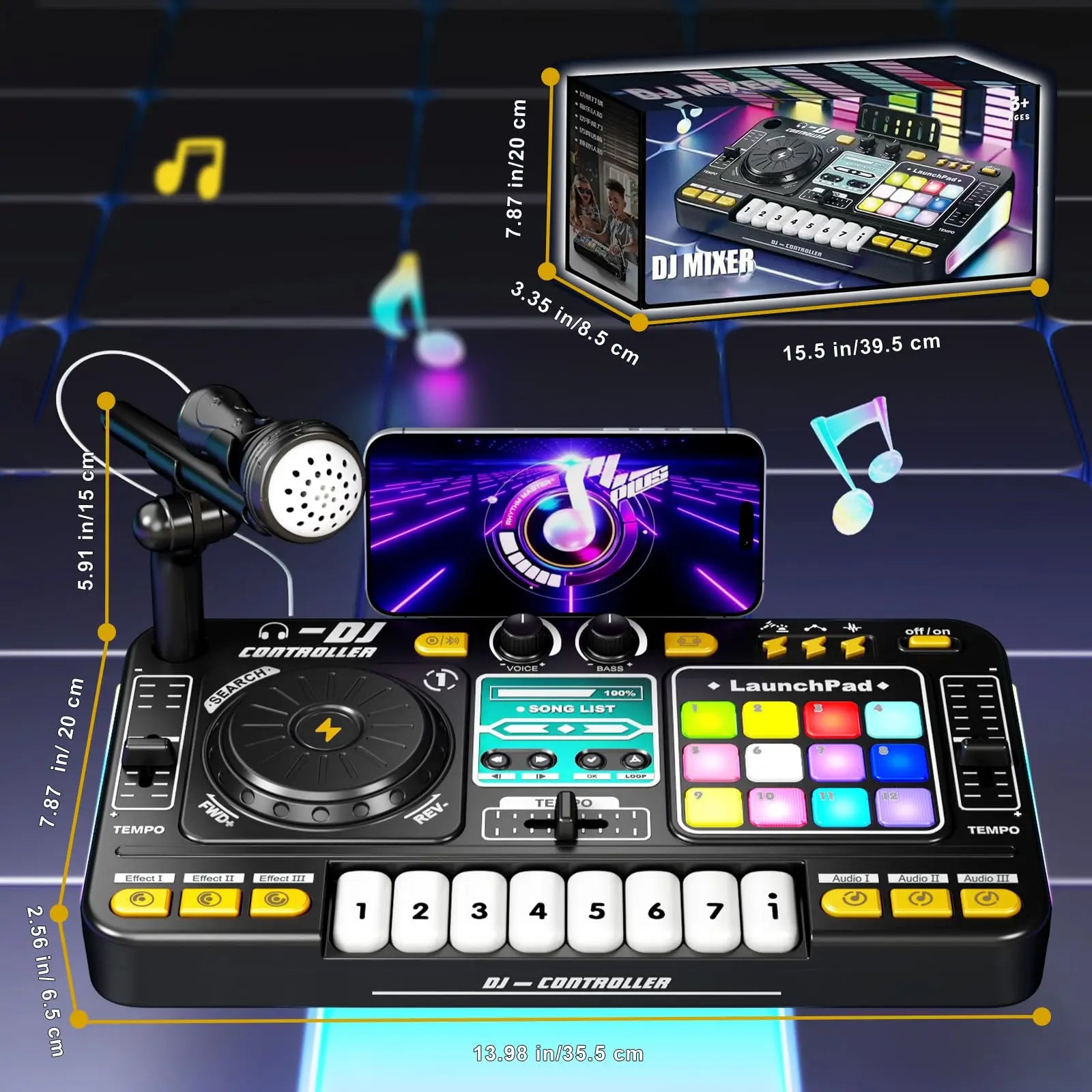 Black and yellow kid dj mixer with colorful illuminated buttons turntable controller musical for kids birthday gift