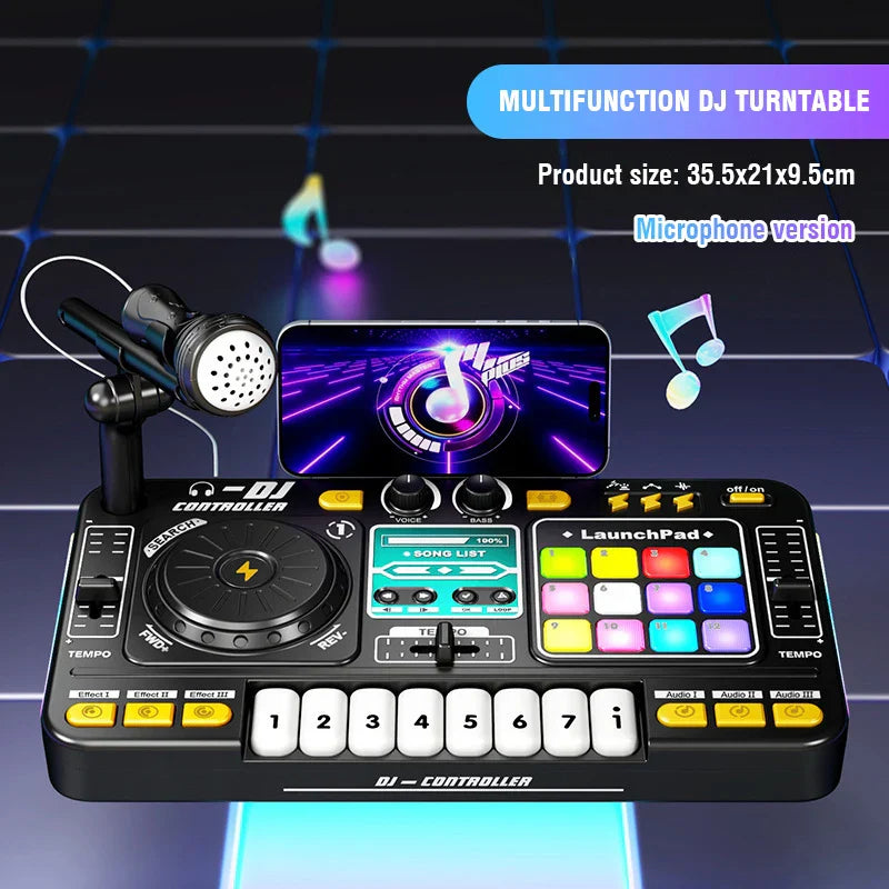 Black multifunction kid dj mixer with colorful illuminated buttons piano keyboard bluetooth and built-in microphone instrument kid birthday gift