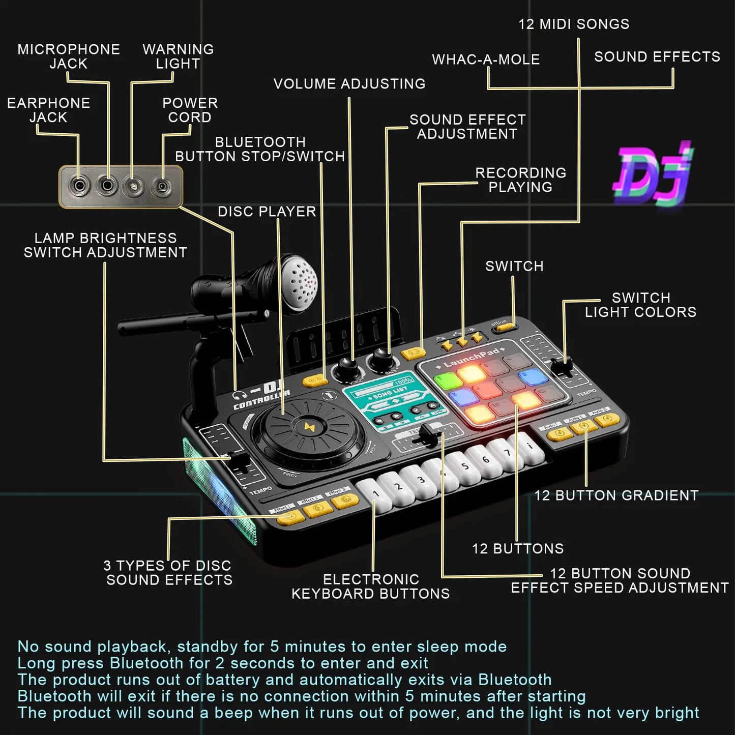 Black and yellow kid dj mixer with turntable controller musical, colorful illuminated pads, and piano keyboard bluetooth features
