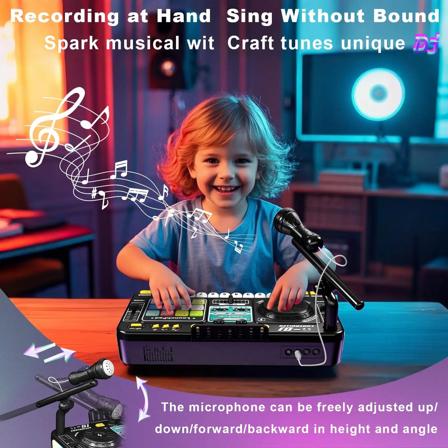 Black and yellow kid dj mixer with adjustable microphone piano keyboard bluetooth turntable controller musical instrument