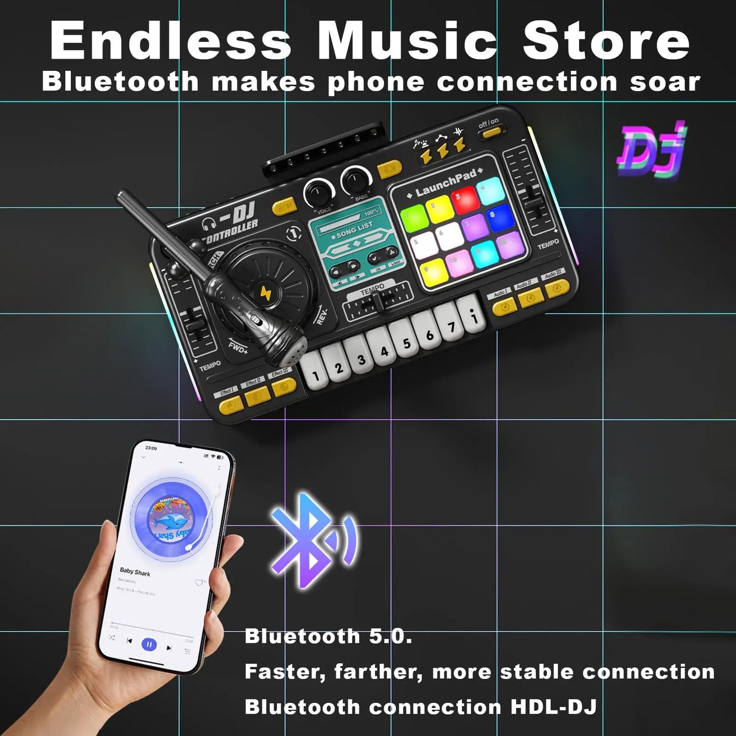 Black and yellow kid dj mixer with colorful illuminated pads and piano keyboard bluetooth turntable controller musical instrument