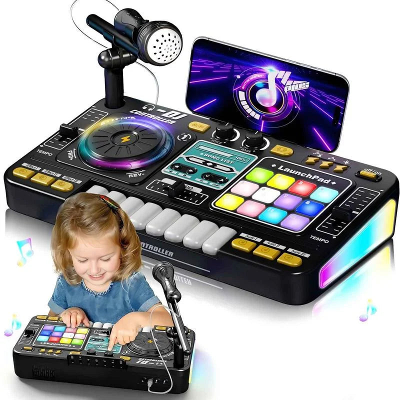 Black kid dj mixer with colorful illuminated buttons built-in microphone piano keyboard bluetooth turntable controller musical instrument