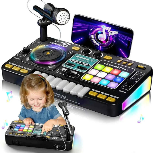 Black kid dj mixer with colorful illuminated buttons built-in microphone piano keyboard bluetooth turntable controller musical instrument