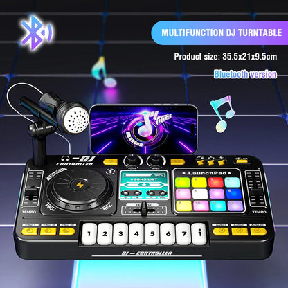Black multifunction kid dj mixer with colorful illuminated buttons built-in microphone and piano keyboard bluetooth turntable controller musical instrument