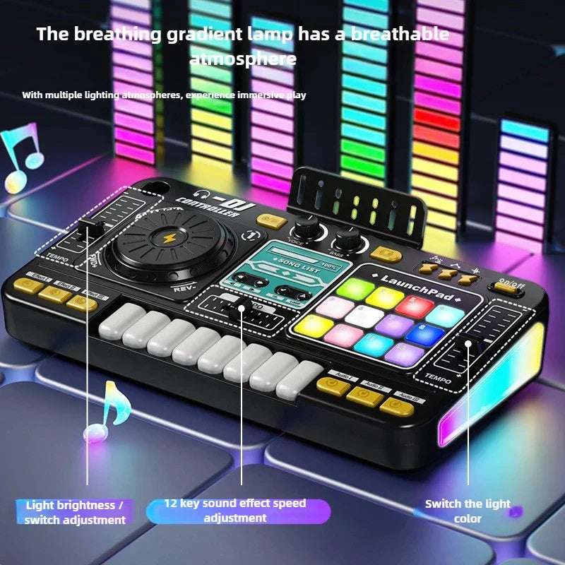 Black and gold kid dj mixer with colorful illuminated pads bluetooth dj turntable and microphone electronic piano keyboard