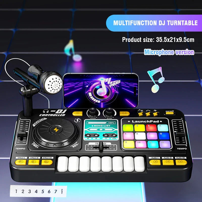 Black kid dj mixer multifunction turntable controller with colorful pads built-in microphone bluetooth dj turntable