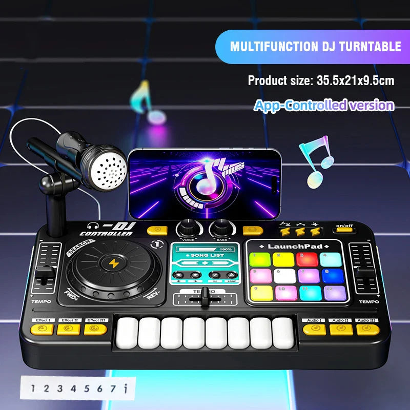 Black multifunction kid dj mixer with colorful illuminated pads bluetooth dj turntable and built-in microphone