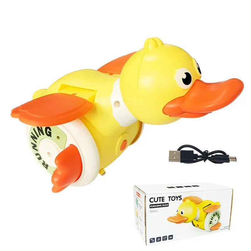 Yellow and orange plastic running duck toy with white motor housing for toddler interactive toys and crawling toys toddler