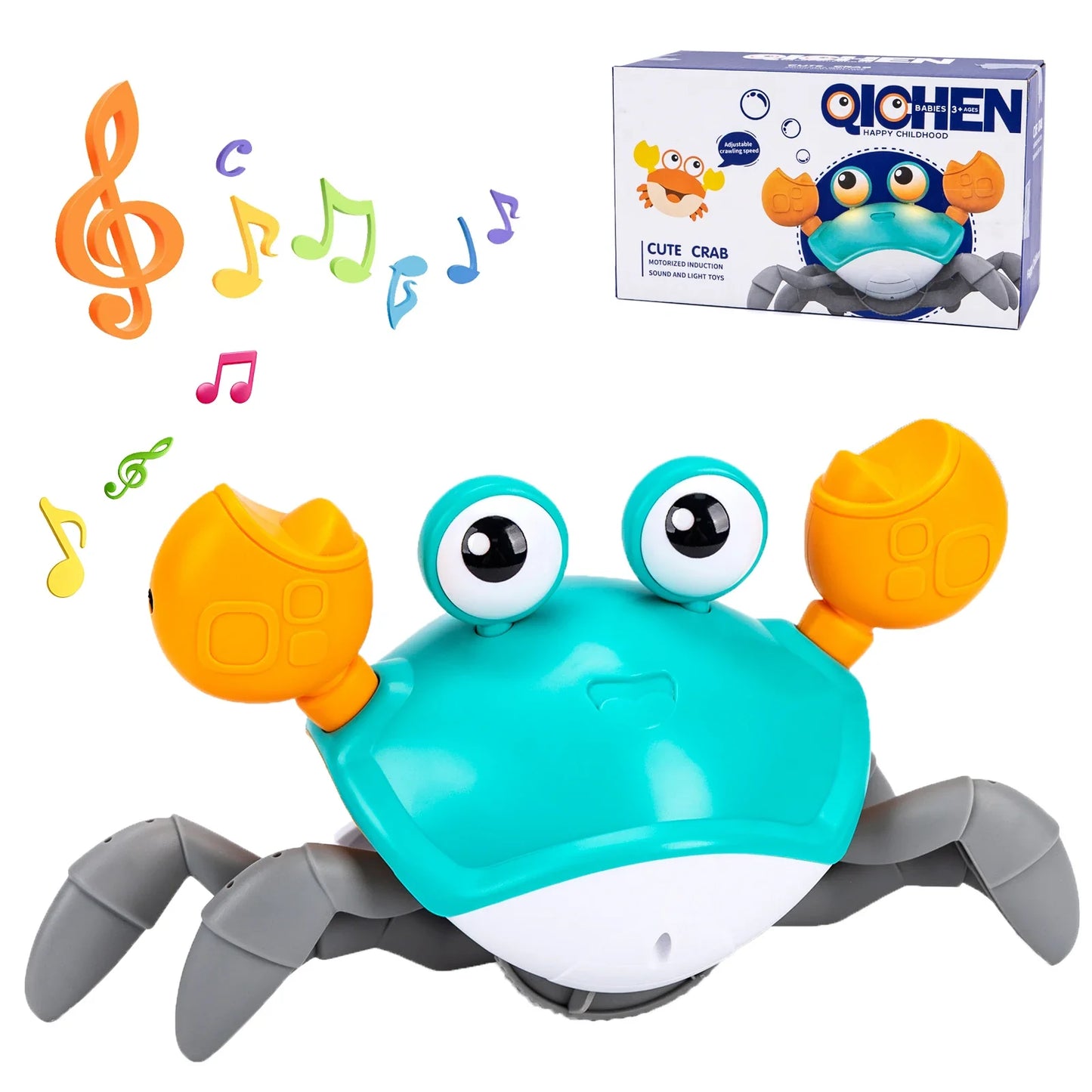 Turquoise and orange motorized crab toy with large black eyes and gray legs designed as toddler interactive toys for crawling
