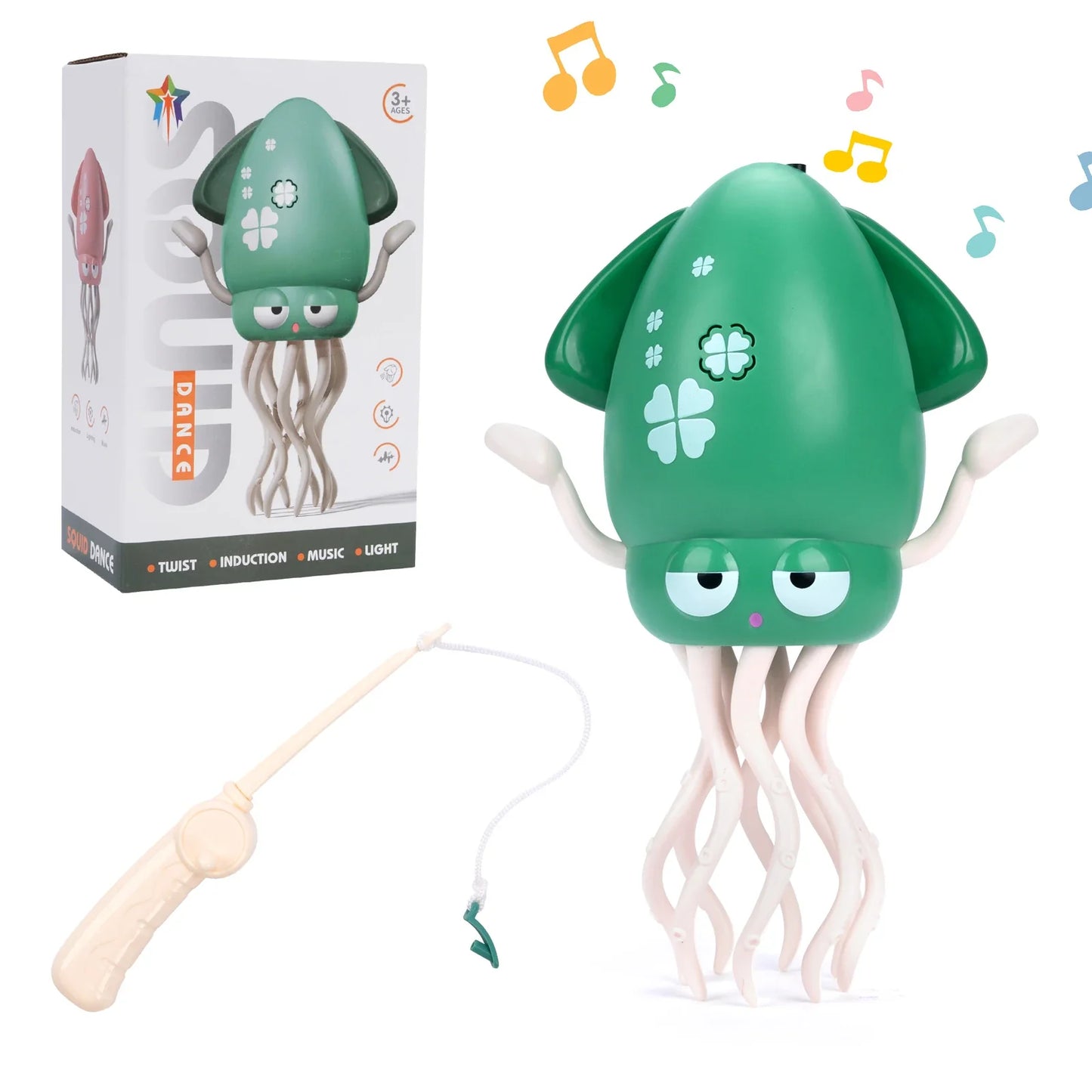 Green plastic squid toy with white clover decals and articulated tentacles for toddler interactive toys and crawling toys toddler