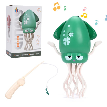 Green plastic squid toy with white clover decals and articulated tentacles for toddler interactive toys and crawling toys toddler