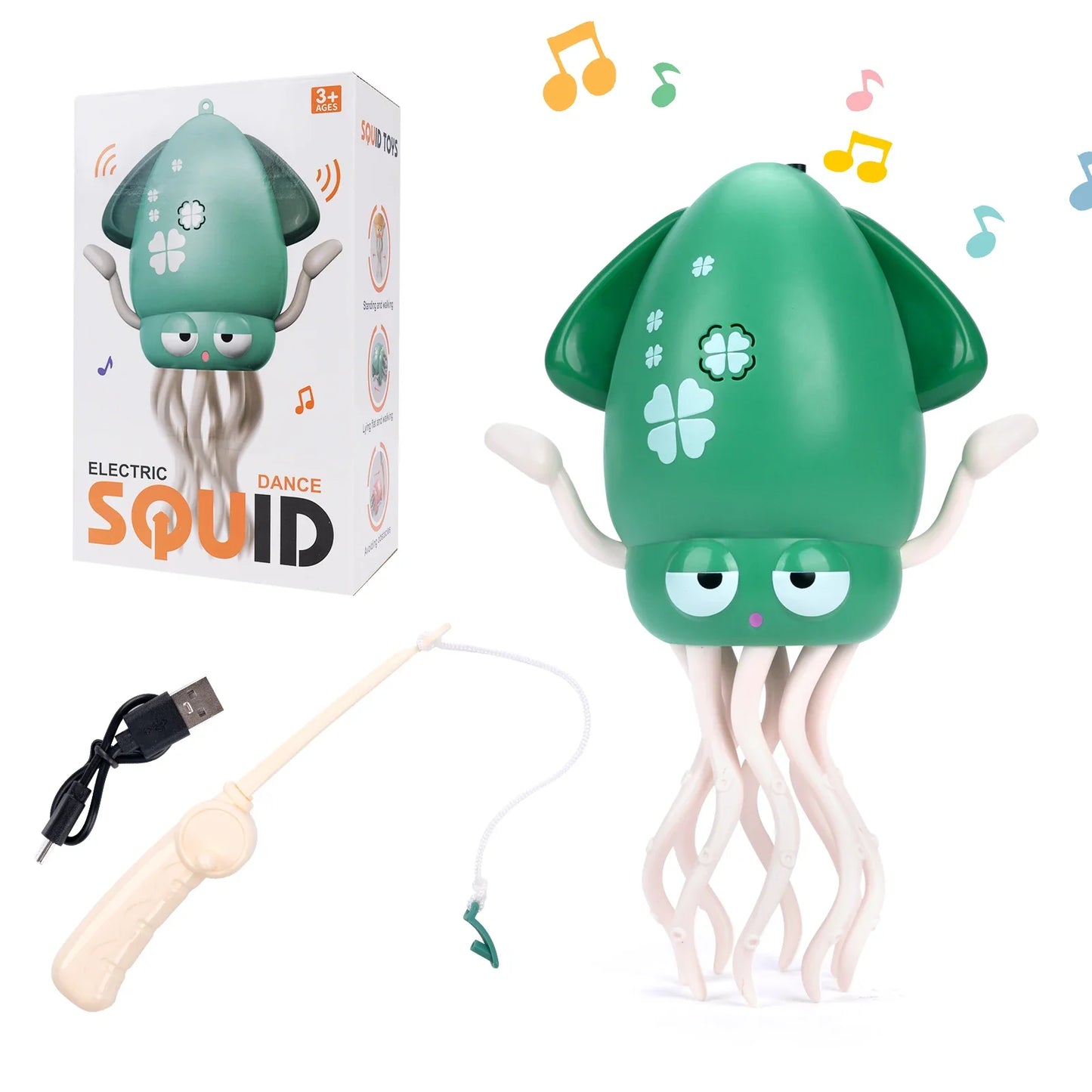 Green electric dance squid toy with white tentacles and clover decals for toddler interactive toys and crawling toys toddler