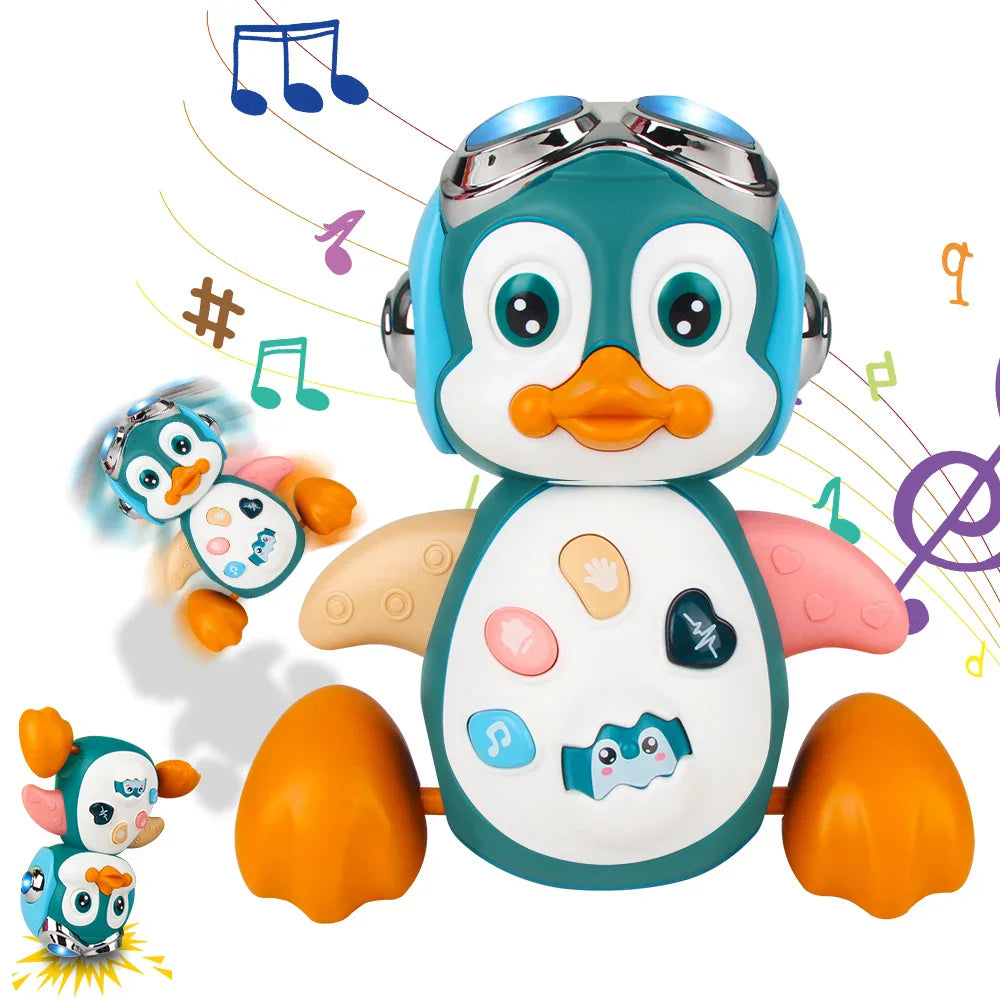 Teal and white musical penguin baby toy with orange feet and colorful buttons, ideal for crawling toys toddler use