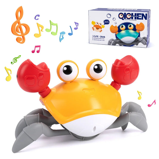 Yellow and red plastic crab toy with gray legs and large eyes designed as toddler interactive toys and crawling toys toddler