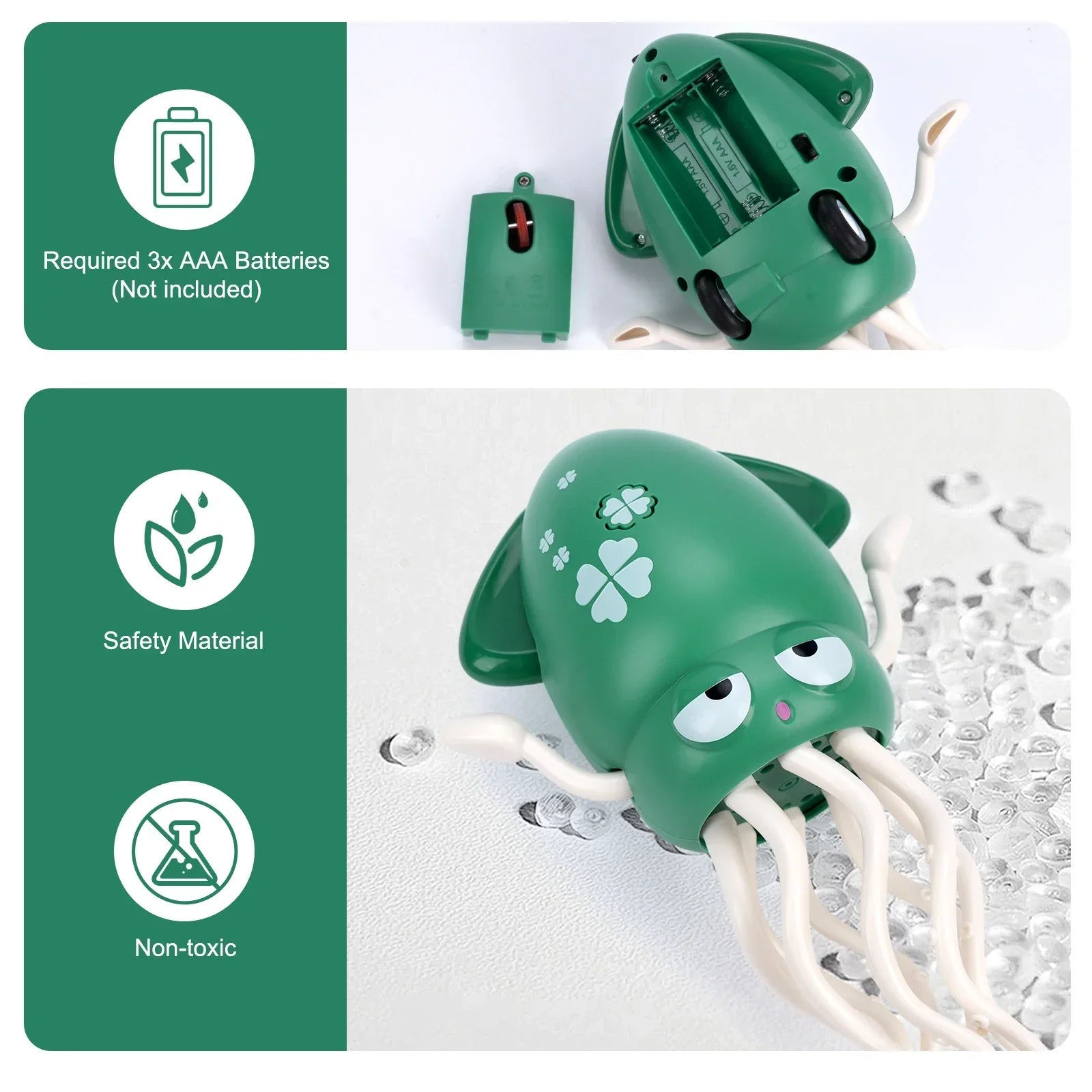 Green plastic squid-shaped musical penguin baby toy with white tentacles and clover decals for crawling toys toddler