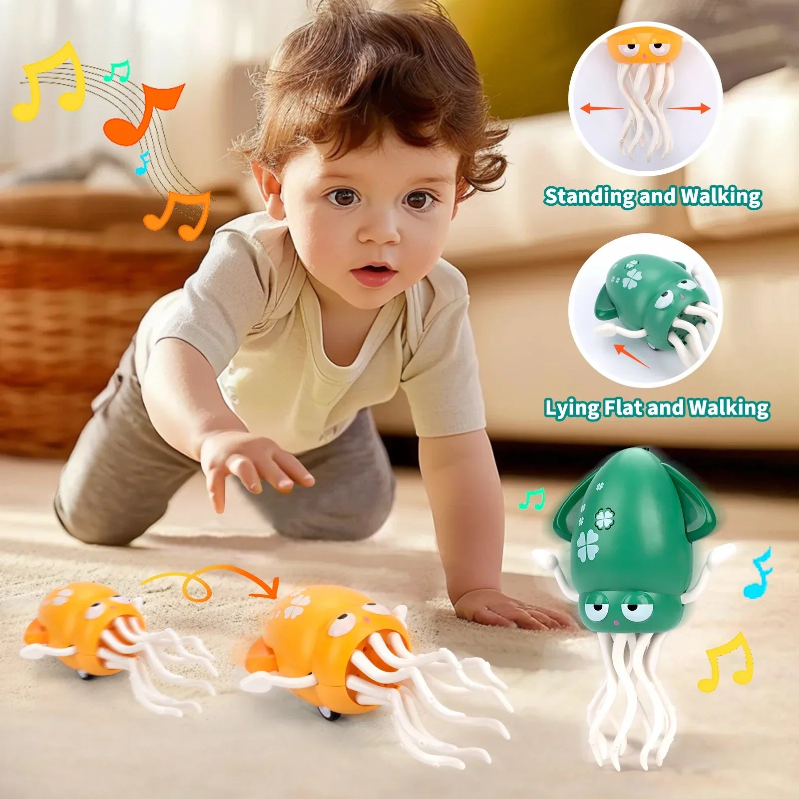 Green plastic squid toy with white tentacles and clover patterns for toddler interactive toys and crawling toys toddler