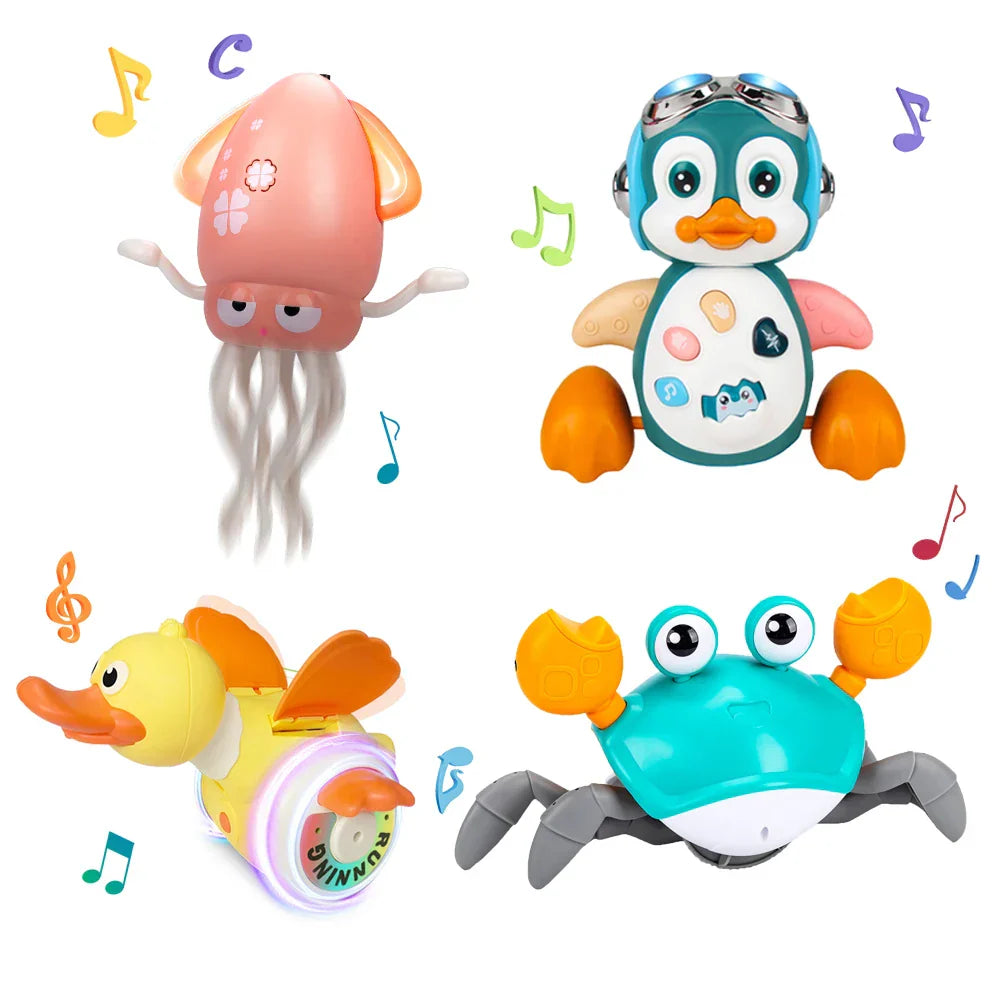 Pink plastic squid toy with white floral tentacles featured in toddler interactive toys and musical penguin baby set
