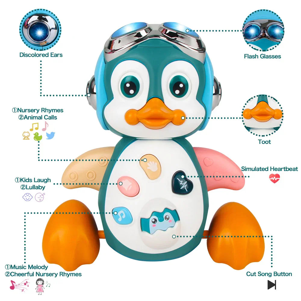 Teal and white musical penguin baby toy with orange beak feet buttons flashing glasses and simulated heartbeat for toddler interactive toys