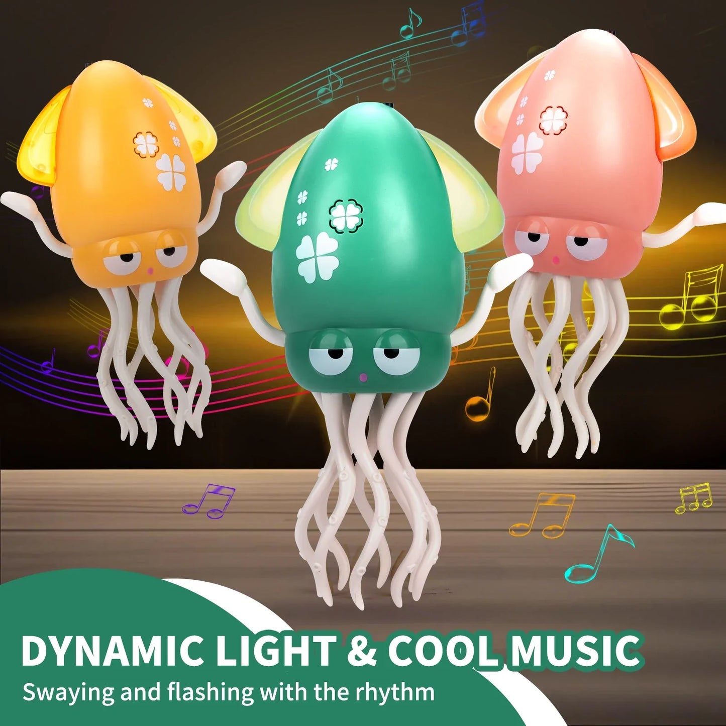Three colorful plastic squid toys with glowing bodies and white tentacles for toddler interactive toys and crawling toys toddler