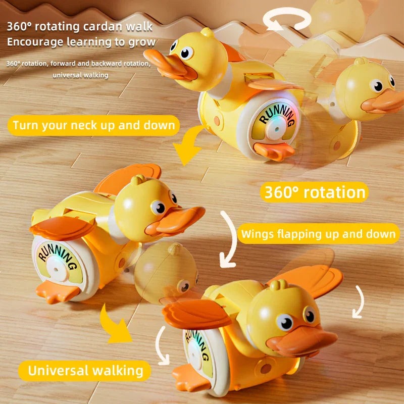 Yellow plastic duck toy with orange beak and wings labeled running part of toddler interactive toys and crawling toys toddler
