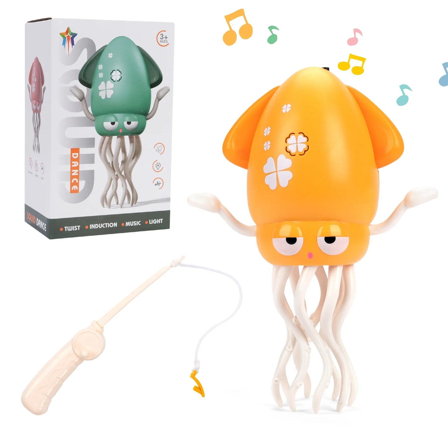 Orange plastic squid toy with white tentacles and four-leaf clover decals for toddler interactive toys and crawling toys toddler